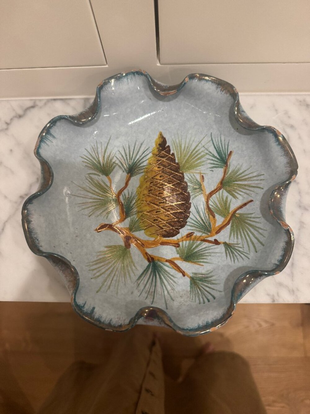 Vintage Italian Hand Painted Ruffled Bowl Blue Speckled Pinecone Gold Rim